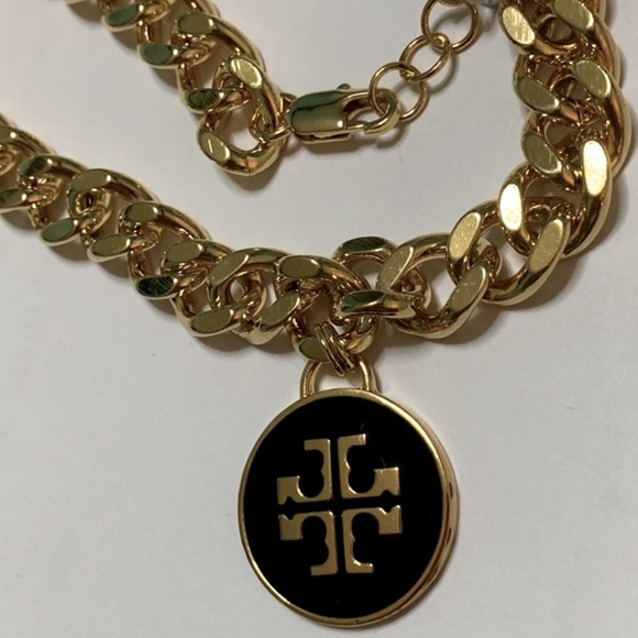 SALE 🌺 tory Burch black enamel pendant chunky chain chocker necklace - Picture 4 of 7